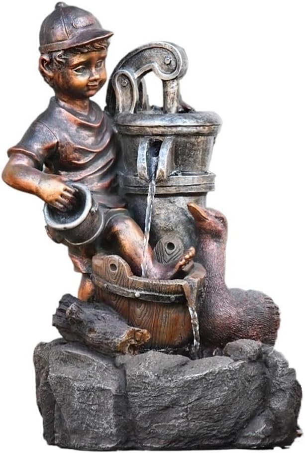 Tabletop Fountains Imitation Copper Resin Small Fountain Feeding Ducks Naughty Boy Recirculating Water European Style Ornaments Relaxation Fountains