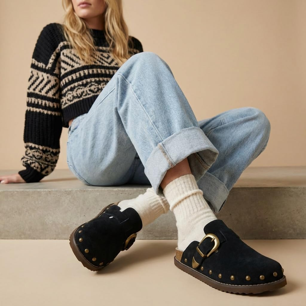CUSHIONAIRE Bronco Slip On Mule Womens Shoes – Genuine Suede Leather Clogs with Adjustable Buckle and Studded Detailing, Stylish Fall Shoes for Women