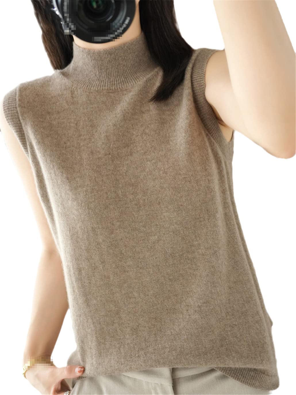 SaoBiiu Confortevole Sexy Mezzo Alto Collo Gilet Delle Donne Tinta Unita Pullover Senza Maniche Manica Corta T-Shirt, cachi, XL