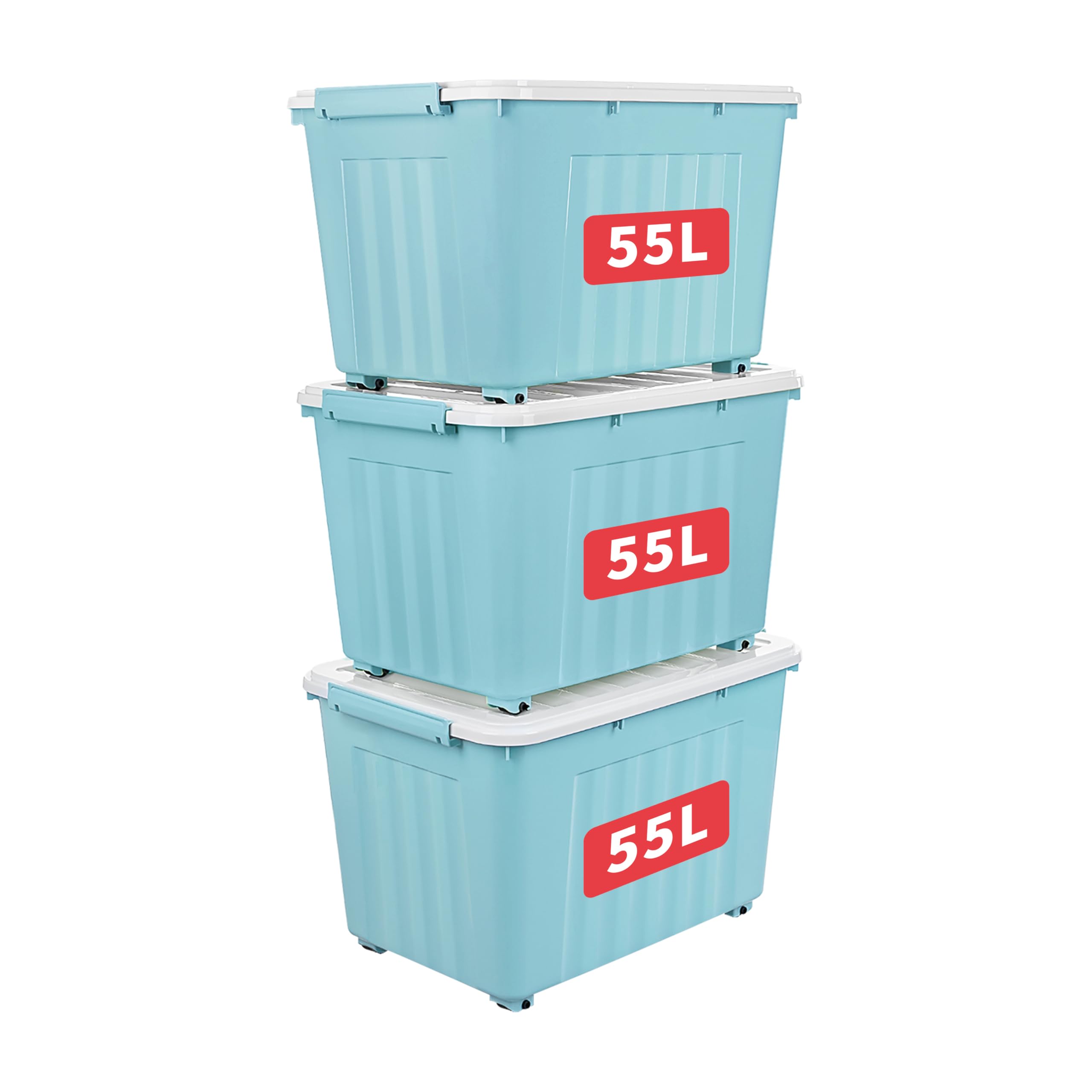 Cetomo 55L*3 Storage Boxes with Lids, Plastic Storage Box with Wheels and Secure Side Latches, Stackable & Nestable Organizer for Home, Office, Moving, PP, Blue, 55L-3 Pack