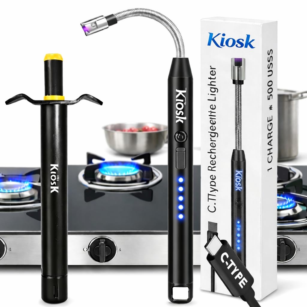 KIOSK 2 PCS Kitchen Rechargeable Electric Gas Lighter for Kitchen | USB-C Charging | 360° Flexible Neck | Windproof Plasma Arc | Multipurpose for Gas Stove, Candle, Pooja | Safety Lock-1 Year Warranty