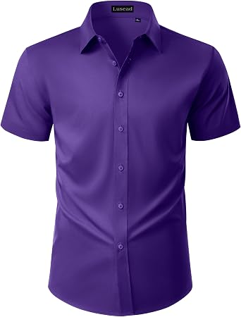 Mens Dress Shirt Short Sleeve Stretch Stain Shield Button Down Shirt | Regular Fit, Lightweight, Waterproof, Untucked, Casual Business Wedding Occasions, Office Work Tops, Commuting Daily Wear