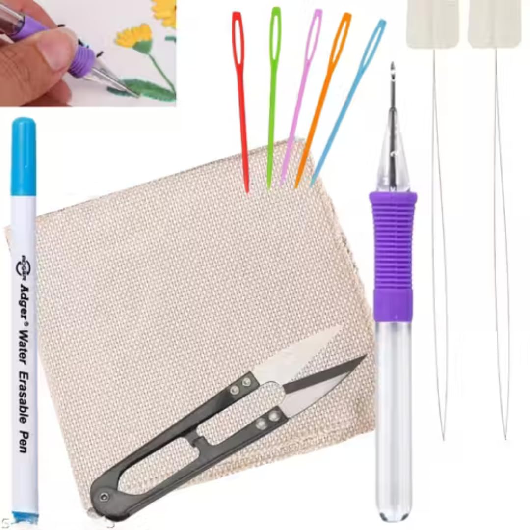 KHUSHA CREATIONS Punch Needle Embroidery Starter Kit with 30x30cm Monk Cloth, Punch Needle Tool, 5 Large Eye Needles, 2 Needle Threaders, Fabric Marking Pen & Thread Cutter for DIY Embroidery Craft-picture-26