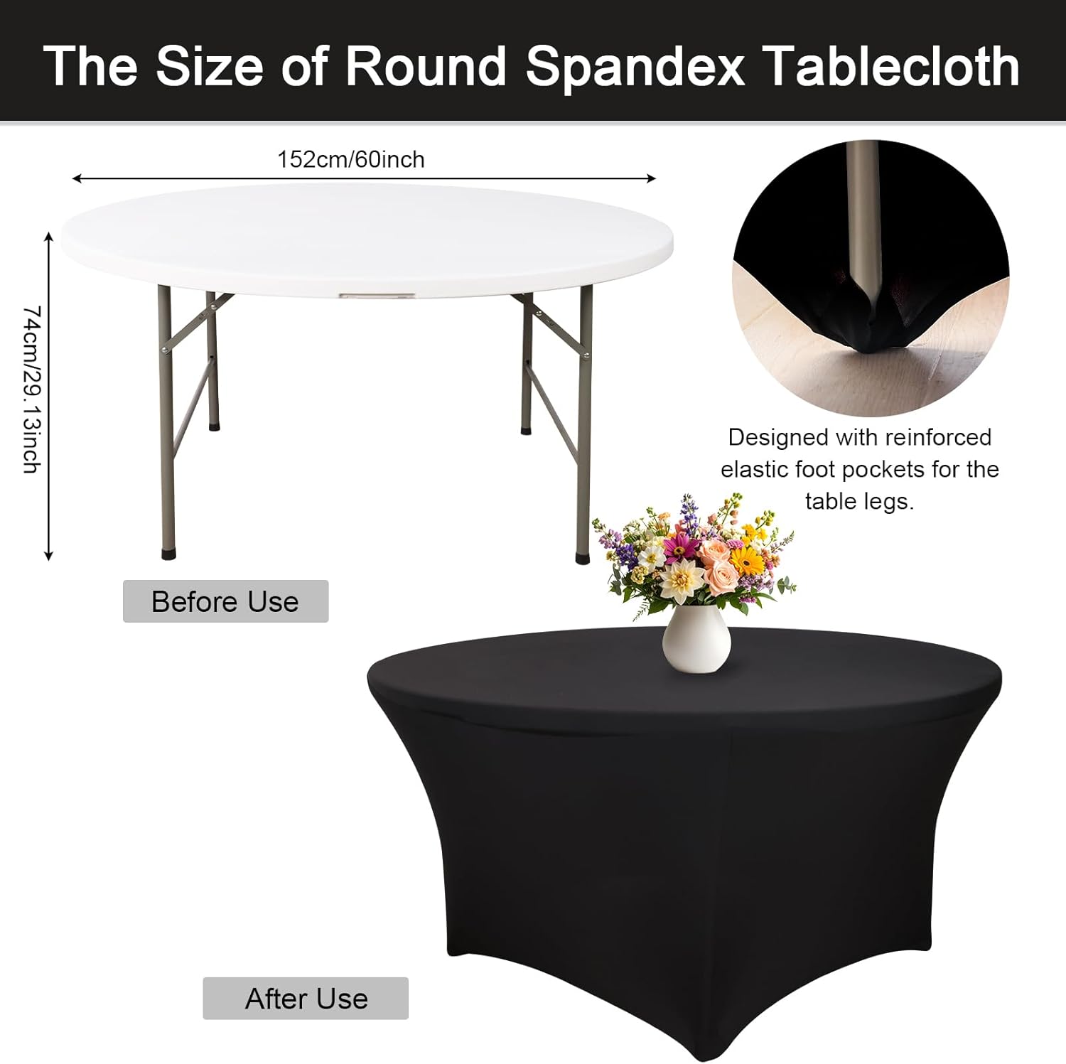 Fixwal 4 Pack 60 Inch Round Tablecloth, Fitted Spandex Round Table Cloths - Washable Black Stretchable Table Cover, Elastic Fabric for Wedding, Party, Restaurant, Christmas, Thanksgiving