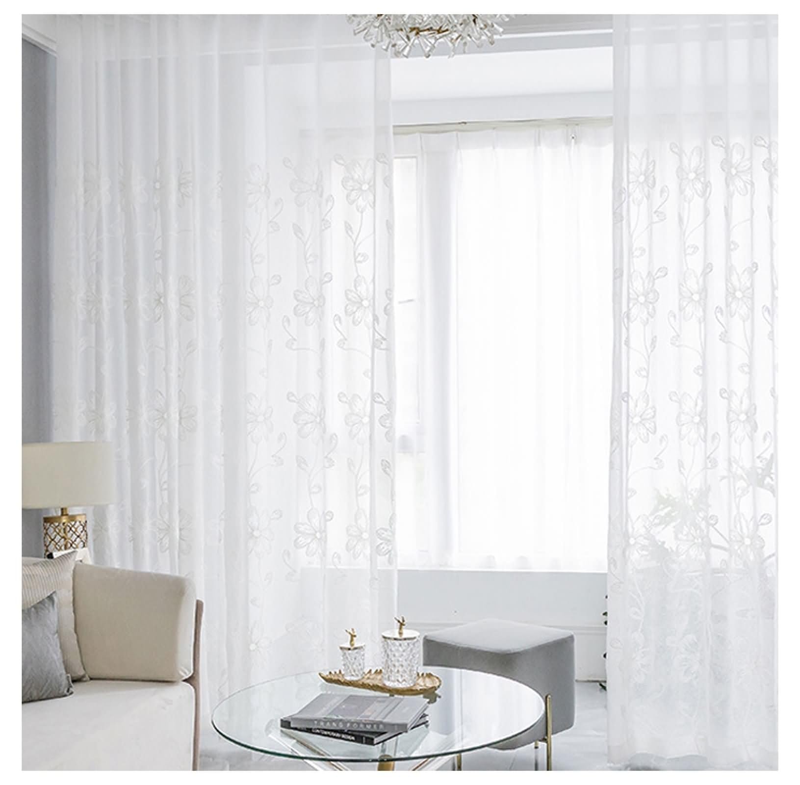 Vorhänge Transparent 96x214, Vorhänge Gardinen Wohnzimmer 2er Set Haken Weiß Uni mit Blumenstickerei, Polyester