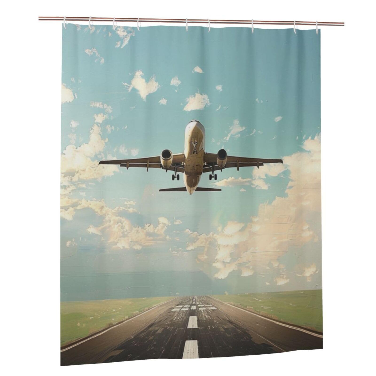 BWWHCCTI Airplane Printed Shower Curtain With 12 Plastic Hooks Opaque Quick Drying Waterproof Shower Curtains Sets For Bathroom 152x183 Cm