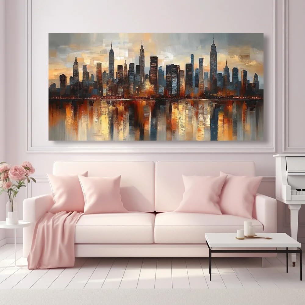 Cuadro de ciudad abstracto con acabados elegantes y tonos cálidos