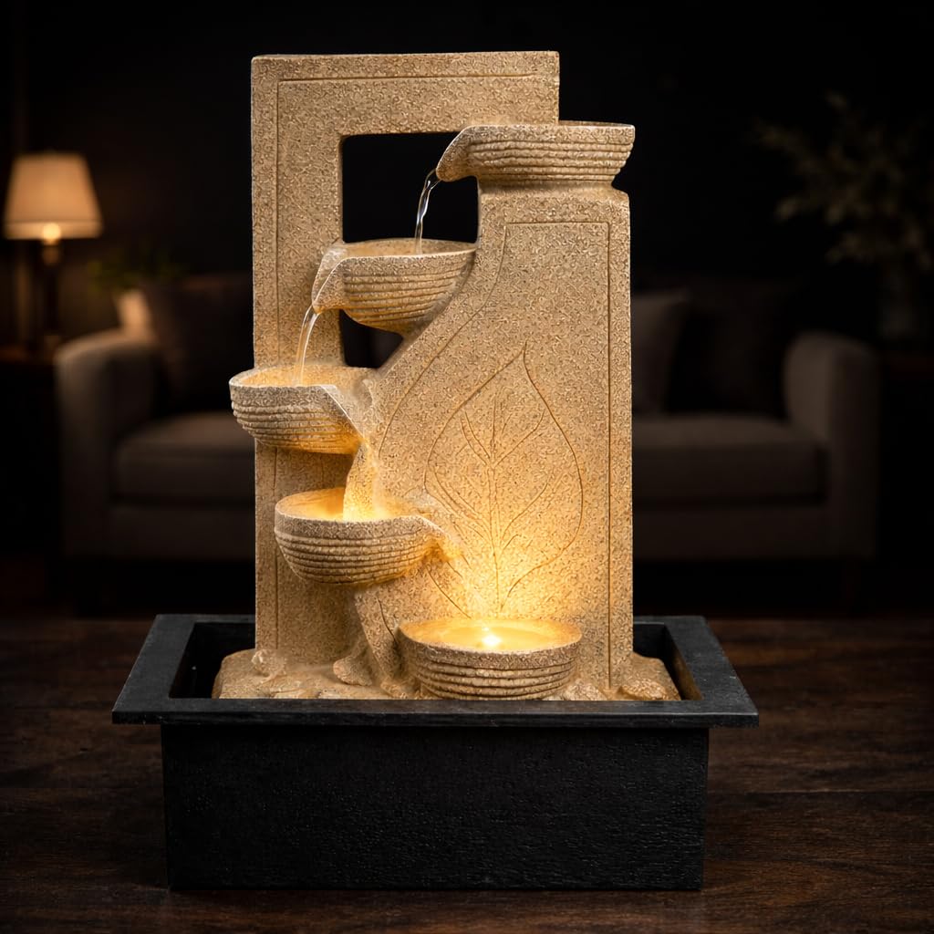 uag exports leaf-design indoor water fountain with led light & adjustable pump - nature-inspired tabletop waterfall for home decor, office desk, soothing trickling sound gifting positive energy