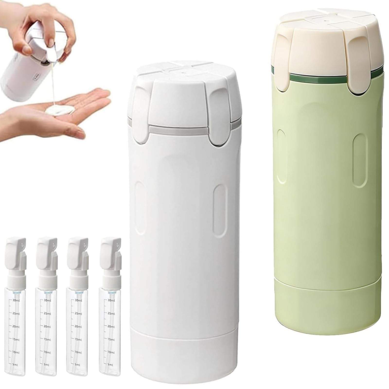 Bottiglie da viaggio 4 in 1 ricaricabili con design a prova di perdite, bottiglie portatili comprimibili per shampoo e liquidi, etichette facili da scalare