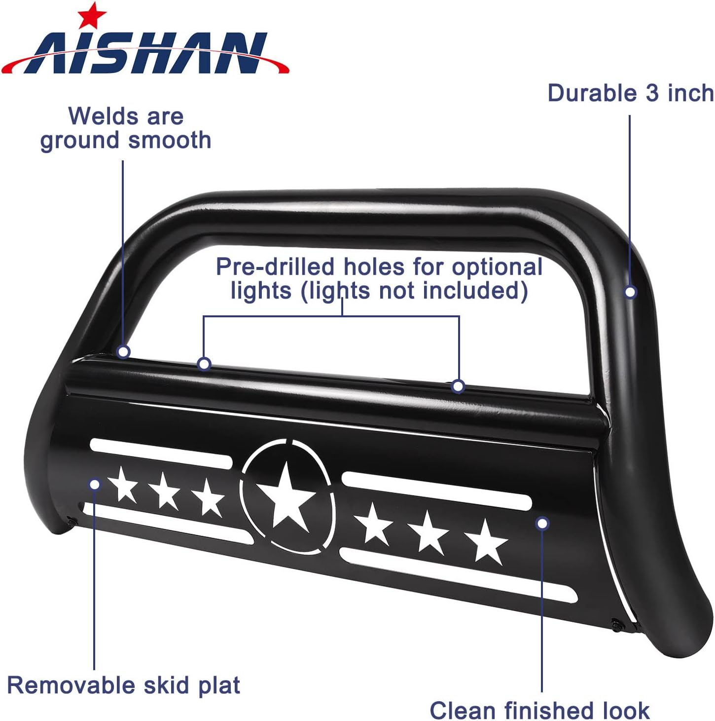 Bull Bar 3 Front Grille Brush Push Bumper Guard with Removable Skid Plate Compatible with Chevy Silverado 1500 / GMC Sierra 1500 2007-2018, for Chevy Suburban 1500 2007-2014,Black