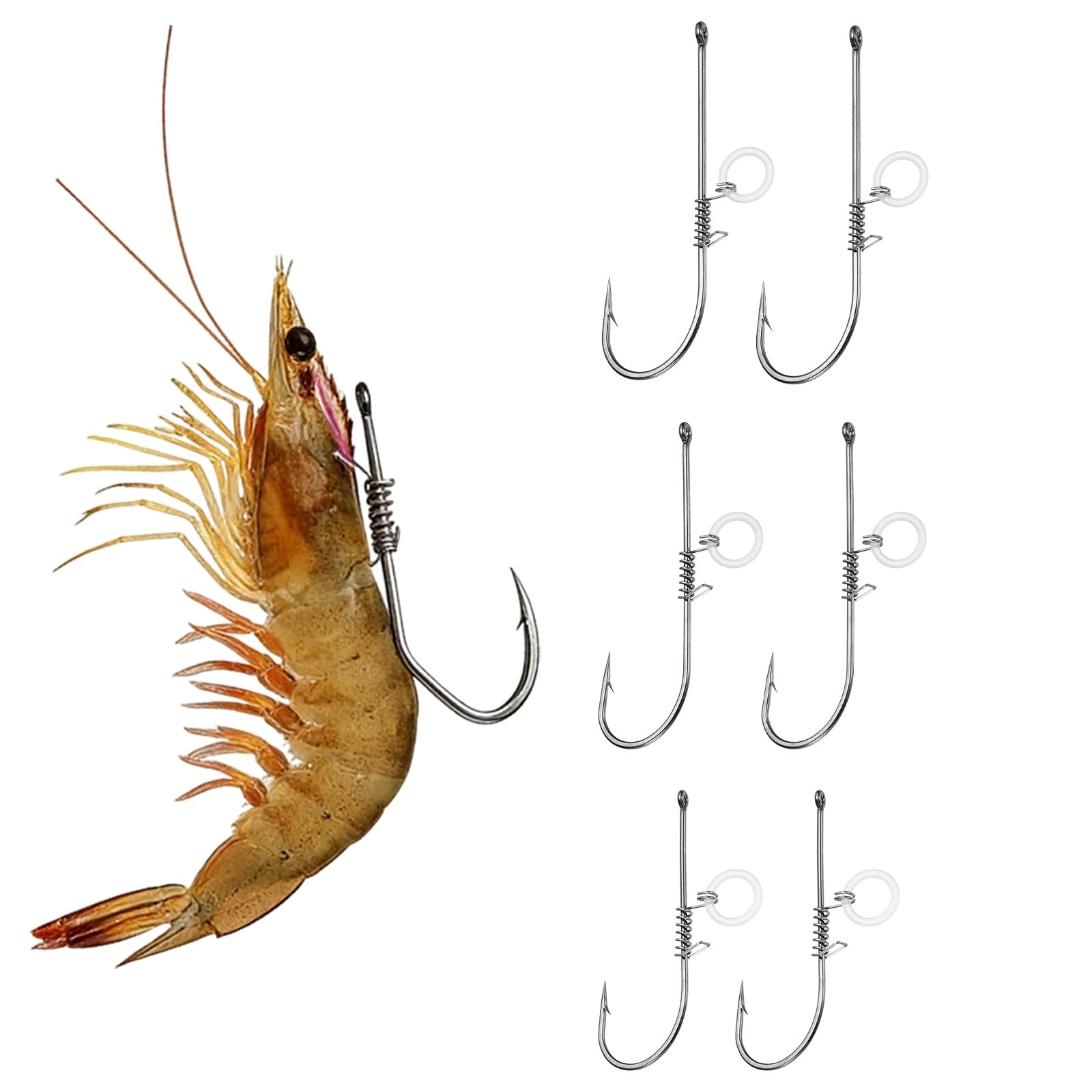 YELARXI Shrimp Hooks, High Carbon Steel Barbed Bait Holder Fishing Hook, Offset for Bass Catfish Salmon, 6Pcs & 2/0#,3/0#,4/0# & Silver - Fitting For(Saltwater/Freshwater Fishing)