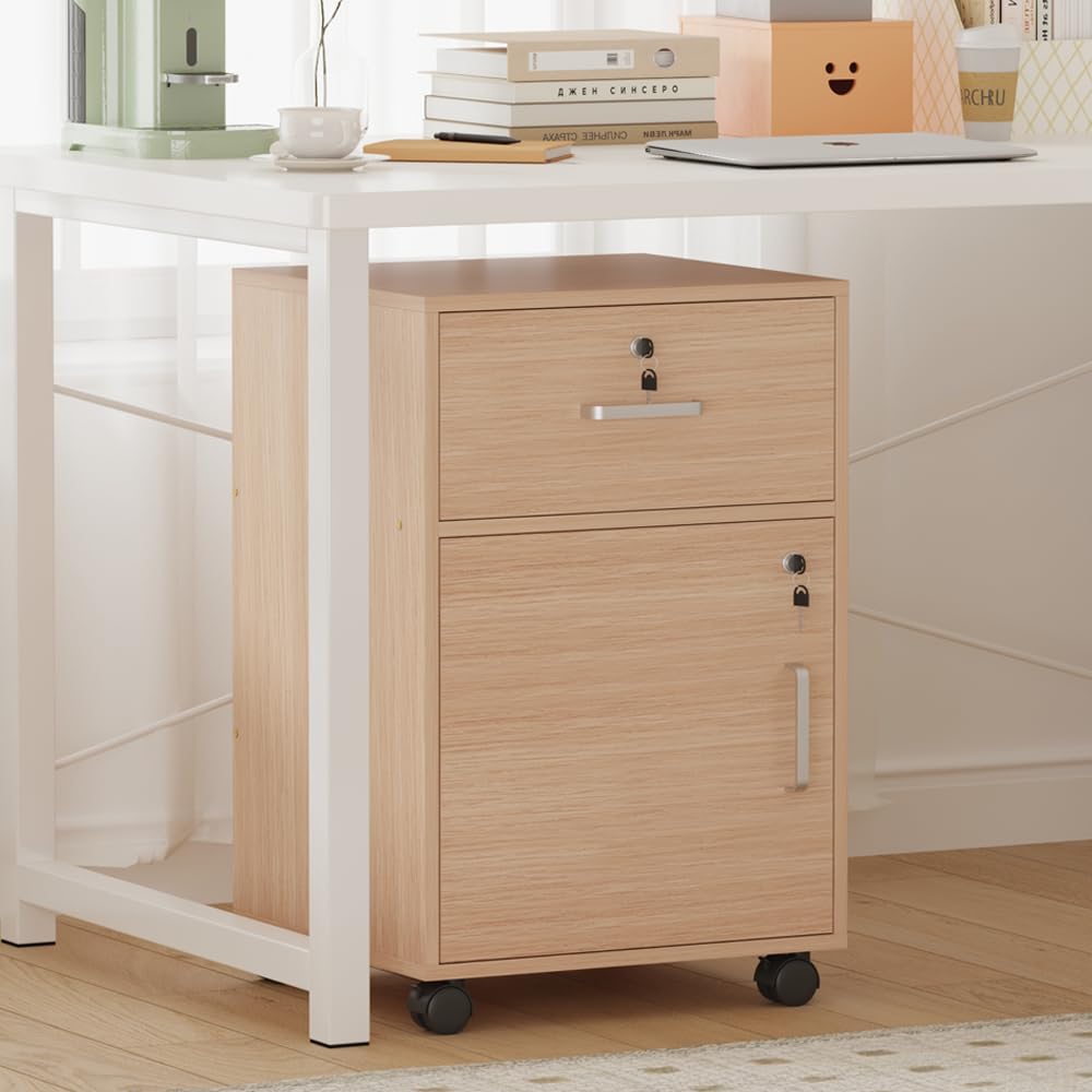 BonChoice Mobile File Cabinets with Drawer&Door, Pedestal Office Filing Cabinet with Rolling Casters, Wood Under Desk Storage Cabinet for A4 Paper (#3 Walnut)
