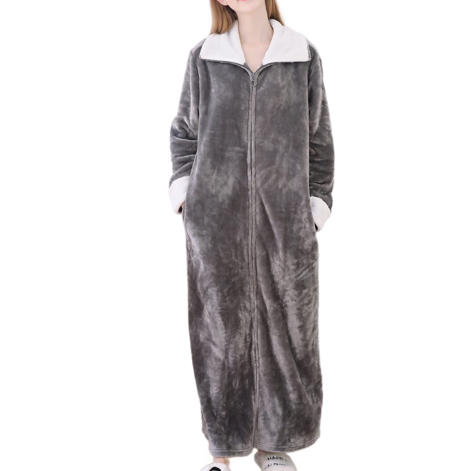 Homgro Women's Long Housecoat Fuzzy Bath Robe Fleece Oversized Zipper Thick House Coat Warm Winter