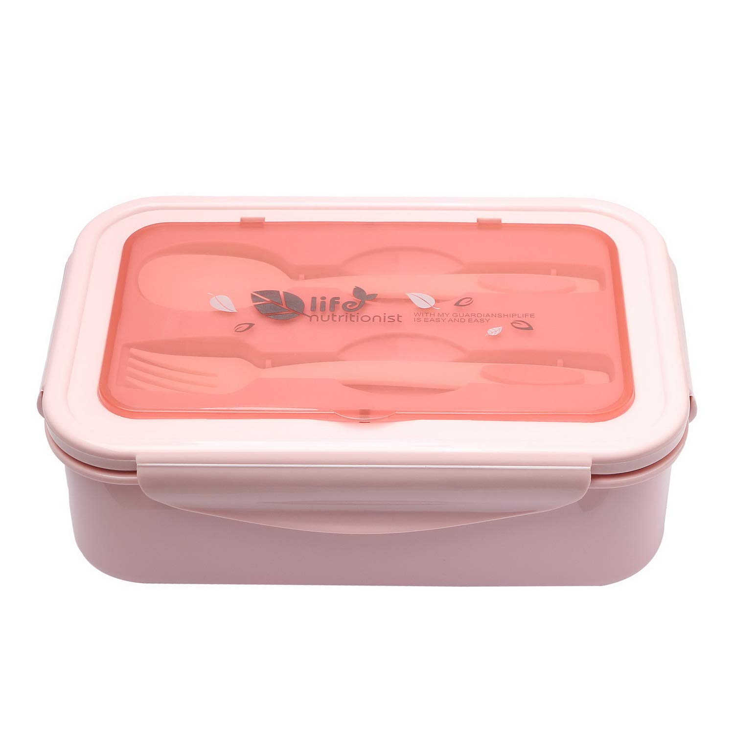 nuoshen Lunch Box, Pink Bento Box with 3 Compartments and Cutlery Set Lunch Food Containers for Kids Adults