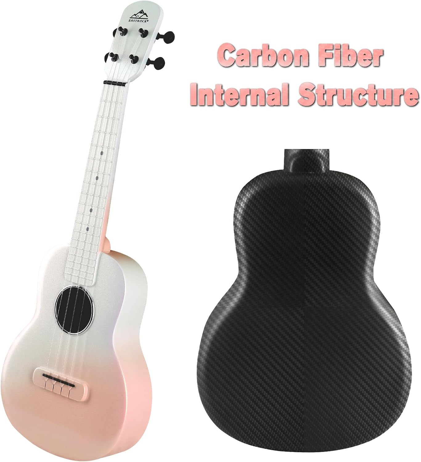 EASTROCK 23 Inch Concert Ukulele Carbon Fiber Ukelele Kit with Gig Bag & Tuner for Adult & Beginner - Complete Set with Strap, Capo, Strings, Shaker, Gradient Apricot Pink