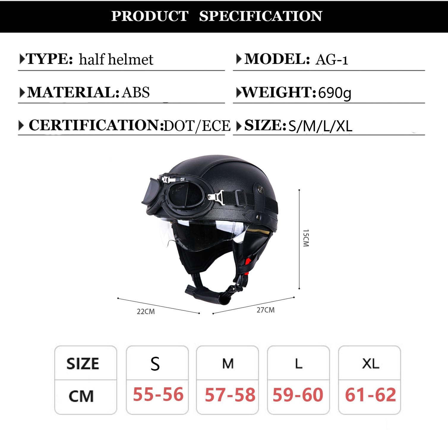 Kask motocyklowy w stylu niemieckim w stylu retro z goglami, kaski retro z otwartą twarzą, zatwierdzone DOT/ECE, czapka dla dorosłych mężczyzn