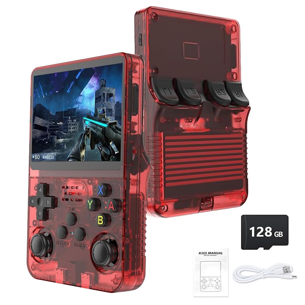 R36S Retro Handheld Game Console - 21,000+ Classic Games, 3.5" IPS Screen, 64GB/128GB, Portable Linux Gaming Device (128g-red)