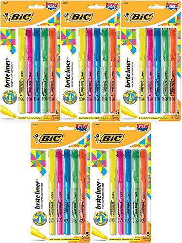 BIC Brite Liner GVttYX Highlighters, Chisel Tip, Assorted Colors, 5 Count (5 Pack)