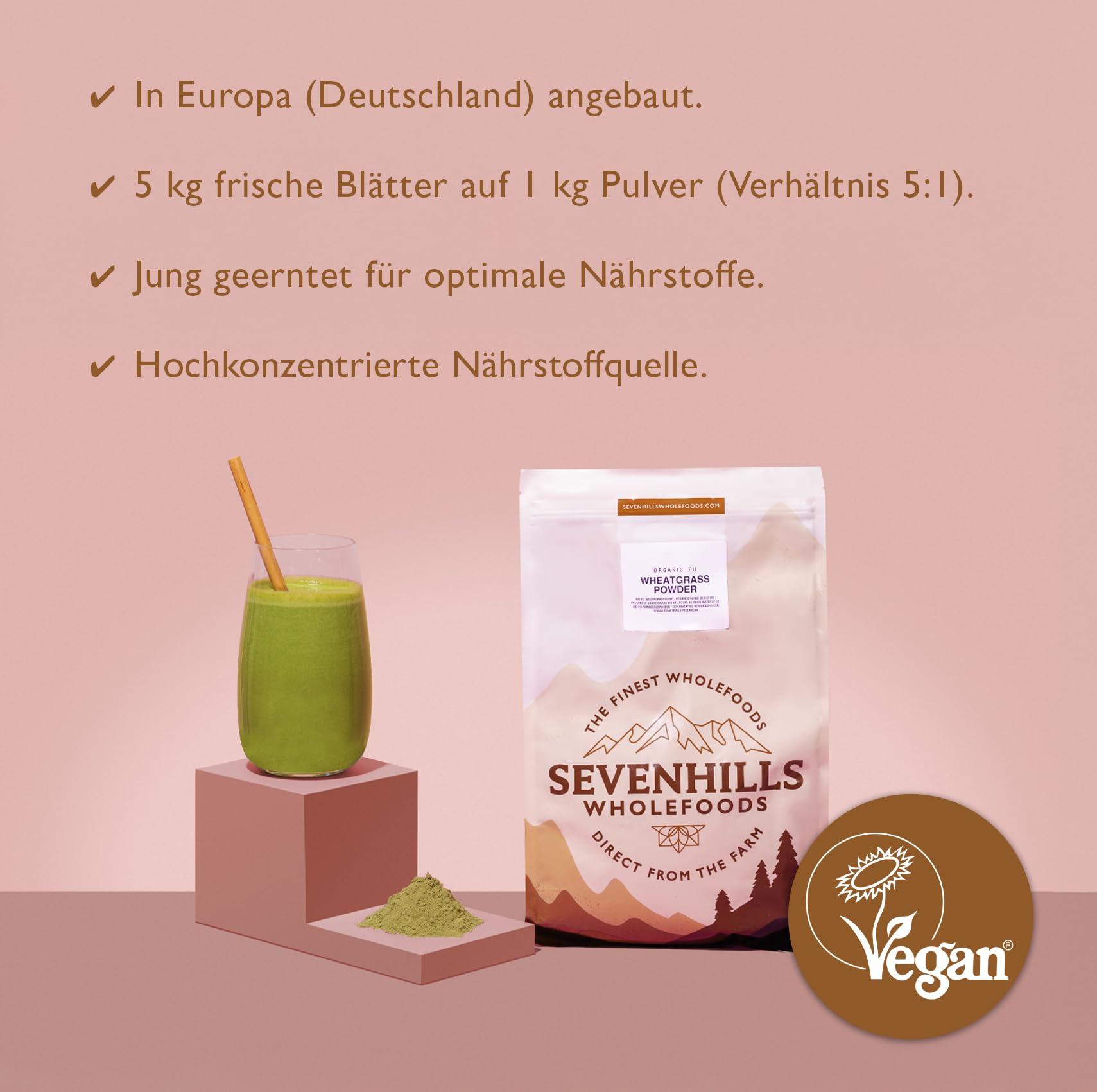 Sevenhills Wholefoods Weizengras-Pulver Bio Aus Der EU 1kg | In Europa angebaut | Hoher Gehalt an Vitamin C und Eisen
