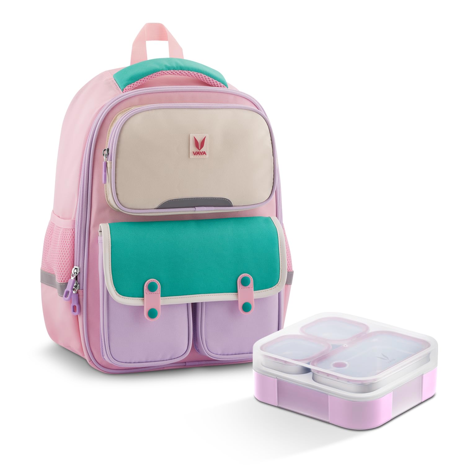 vaya LY'L-CHAMP School Bag (21L) for Boys & Girls, Class 1 to 5 with Tydbyt Stainless Steel Tiffin Box, 3 Containers Lunch Box Combo, Lightweight, Waterproof & Travel Friendly, Pink & Lilac Love-picture-39