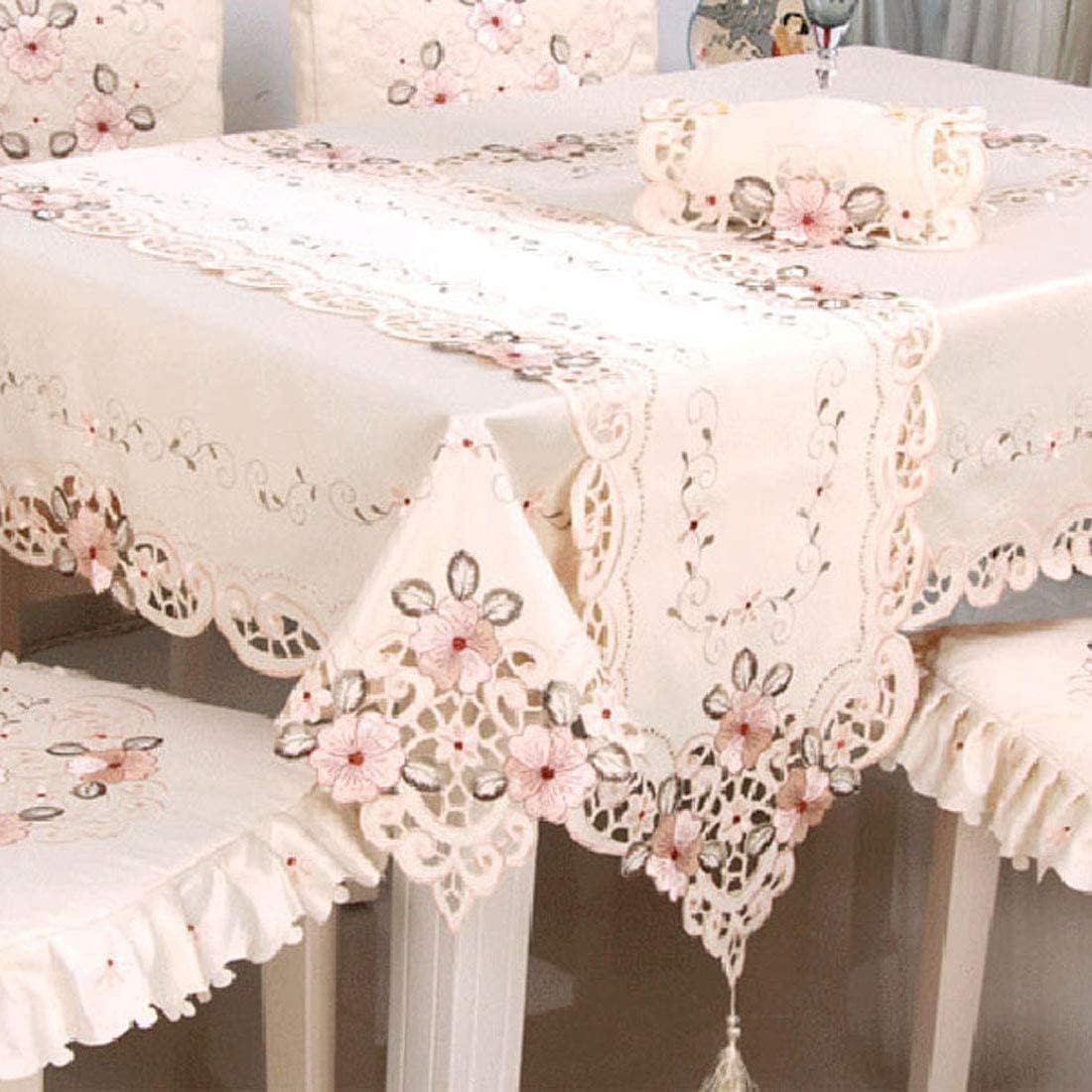 LeLehome 57x86 Inch Oblong Beige Flower Embroidered Tablecloth - Vintage Lace Floral Dining Table Cover for Kitchen Home Decor