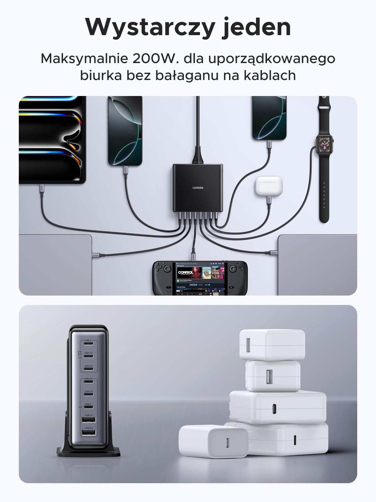 Ładowarka USB C UGREEN, zasilacz GaN 200 W, 8-portowa stacja ładująca, ładowarka PD 100 W, szybka ładowarka, obsługa wielu protokołów PPS, kompatybilna z MacBook Pro/Air M4, iPhone, serią Galaxy itp.