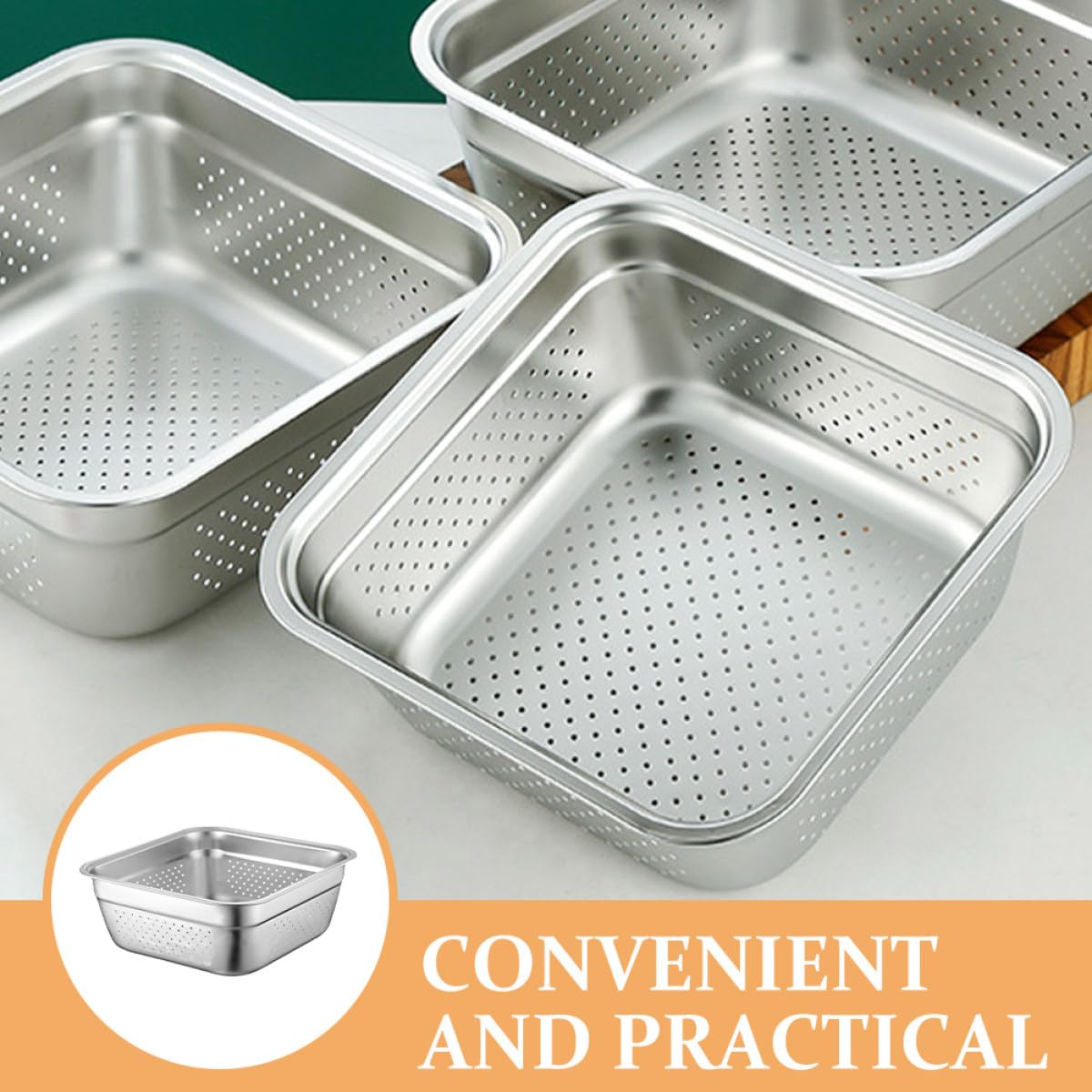Colador de Acero Inoxidable de Gran Capacidad Forma Cuadrada, Resistente y Ahorra Espacio, Adecuado para Cocinar y Lavar Verduras y Frutas Cocina