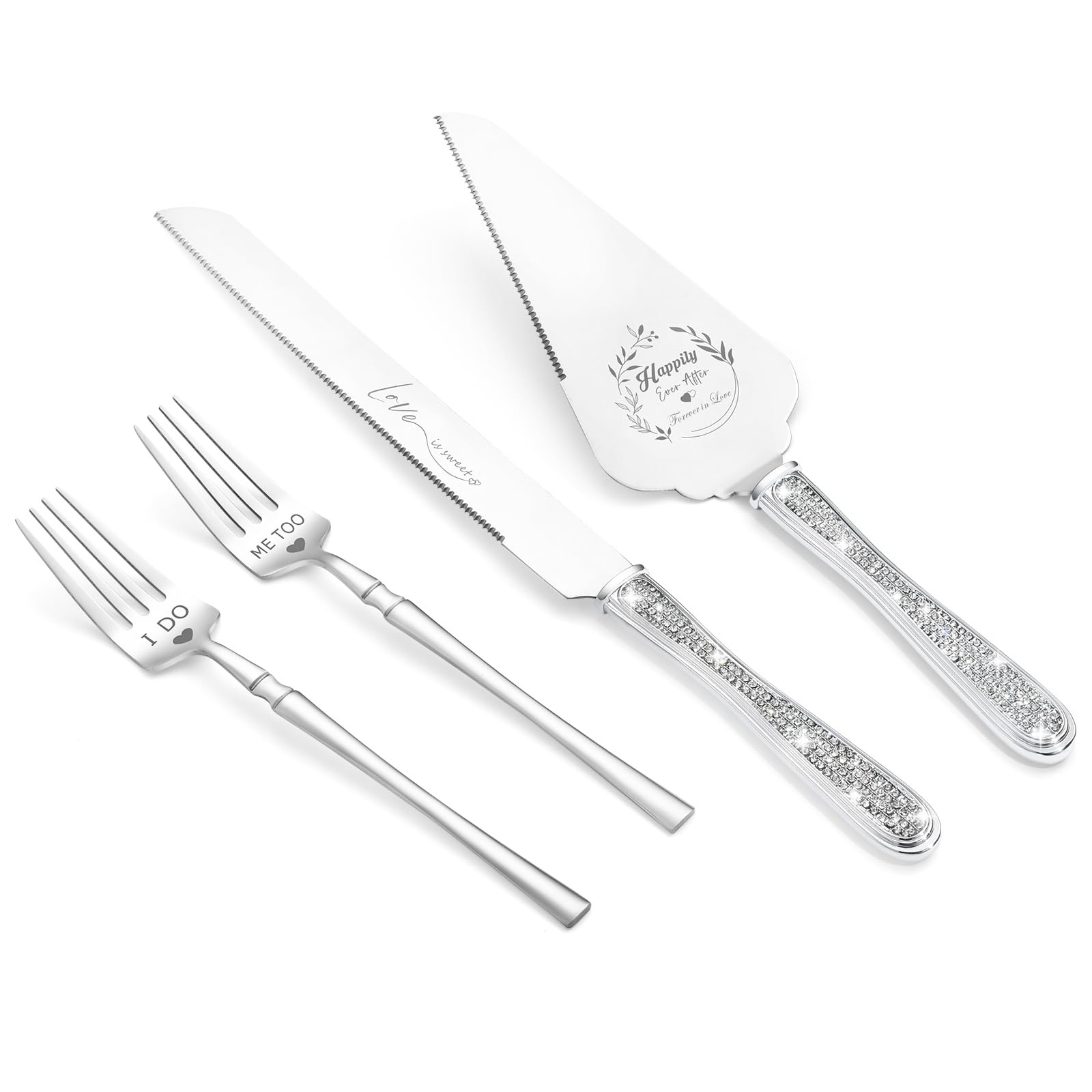 ROXBURGHCake Cutting Set for Wedding, Wedding Cake Knife and Server set, Forks and Cutter Pie Spatula Birthday Anniversary Christmas Gift of 4 (Silver 4)