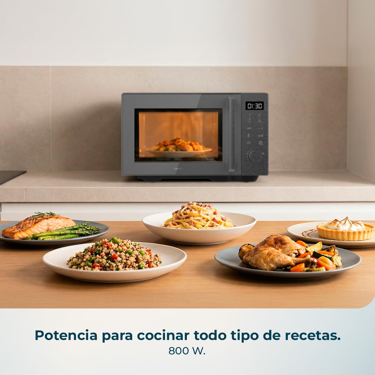 Cecotec Microondas sin Plato Proclean Flatbed Inverter Pro Silver. 800W, 20L, Tecnología Inverter y Flatbed, Cocción Uniforme, Mayor Espacio Útil, Avisador Acústico, Ahorro Energético