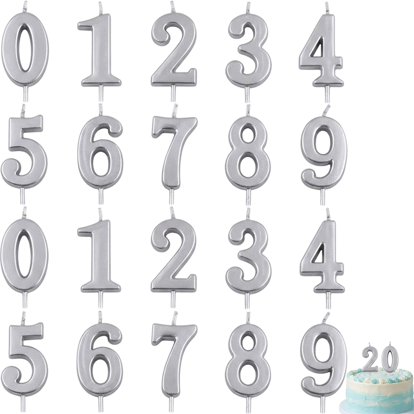 20PCS Birthday Candles, Number Candles for Cakes, Birthday Candles Numbers, Elegant Silver Numeric Cake Decorations, Party Accessories for Birthdays, Anniversaries and Wedding