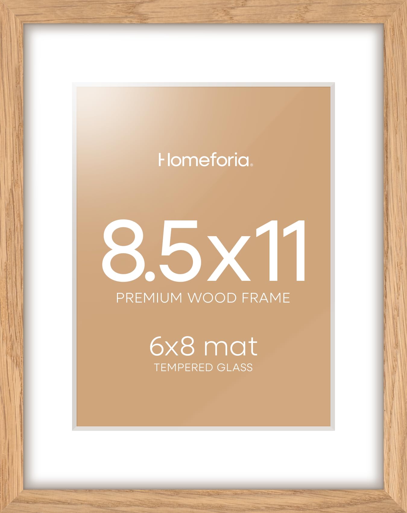 Homeforia 8.5 by 11 Picture Frame Wood, High End Natural Oak 8.5x11 Light Wooden Frames with Mat 6x8 inch Photo, 8.5 x 11 Wall or Tabletop Frame