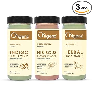 Origenz Premium Hair Care Combo (Herbal Henna Powder 100gm + Indigo Powder 100gm + Hibiscus Powder 100gm)