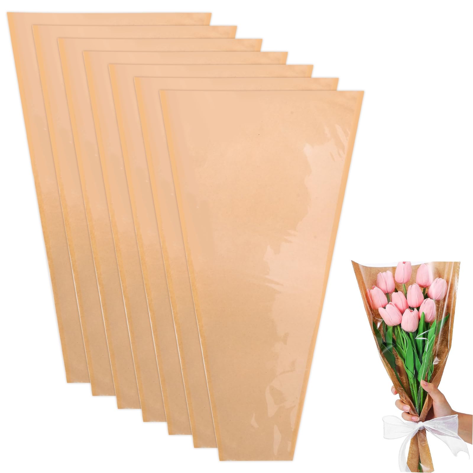 Pack 50 Sheets Brown Kraft Flower Wrapping Paper Bags for Bouquets, Waterproof Floral Packaging Sleeves, Bouquet Box Wrap for Wedding, Birthday, Florist Supplies(17.7x9.4x3.5 inch)