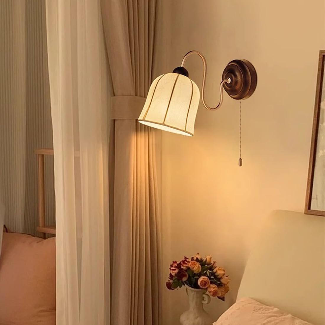 LED Wandleuchte Holz Sockel Schlafzimmer Nachttischlampe mit Schalter Vintage Wandlampe Dimmbar 3-Farben Modern Gedrucktes Muster Stoff-Schirm Flur Wandbeleuchtung für Wohnzimmer Korridor Treppen Büro