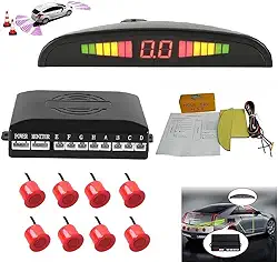 Sistema de radar de estacionamento reverso de carro 8 kit de sensores de ré com alarme frontal e traseiro lembrete de campainha LED exibição segura, sensor de estacionamento de carro, vermelho