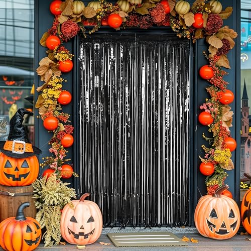 Image of ZATAYE 4 Pack Black Halloween Foil Curtain Streamer Decorations | Black, Metallic Foil, 3.28 x 7.05 FT, Tinsel Backdrop, Foil Curtain Streamer, Halloween New Years Eve Party