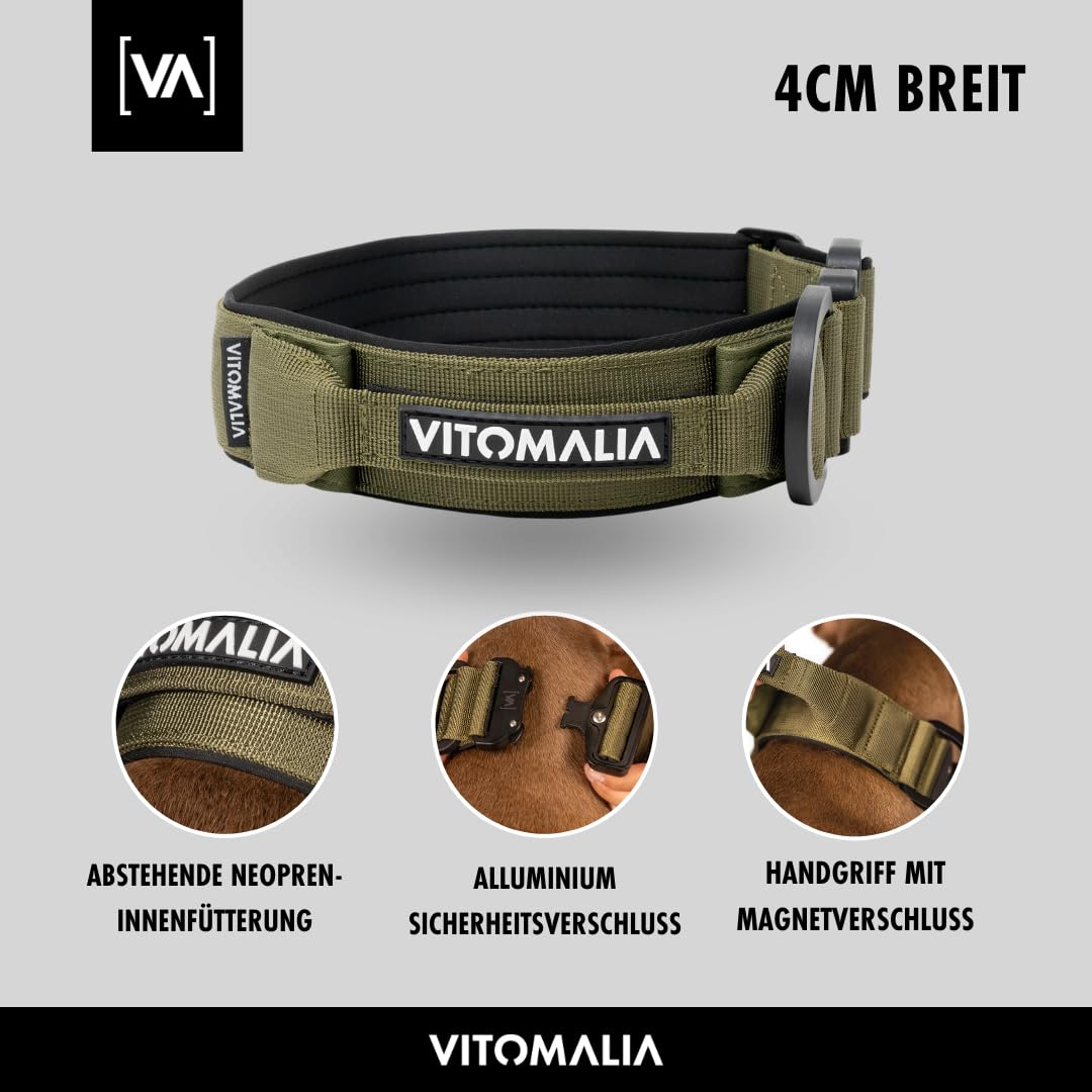 VITOMALIA Taktisches Hundehalsband – 4 Cm Breit, Nylon, Mit Magnet-Handgriff, Größe M (40–50 Cm)