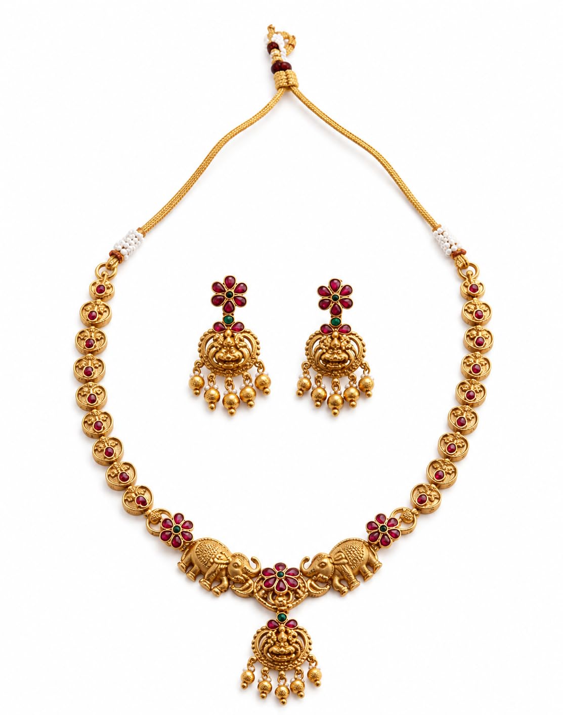 Traditional Antique Matte Gold Plated Temple Jewelry Necklace and Earring Set featuring Goddess Lakshmi and Elephant Motifs adorned with Ruby and Green Stones for Women | Ethnic Bridal necklace set-picture-29