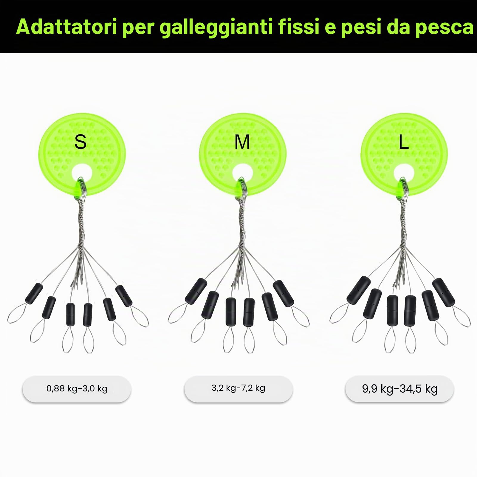 150 fermi in gomma per pesca 6 in 1, per pesca piccolo, S & M & L, cilindrici, perline di gomma, per trote da 0,1 – 0,43 mm, per pesca e sinker