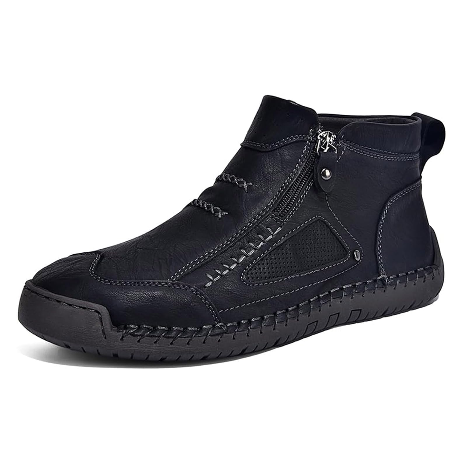 YHTRFDMSG Men's High Top Loafers Shoes,Handcrafted Leather Waterproof Non-Slip Orthopaedic Ankle Boots Side Zipper Hiking Orthopedic Fleece Slip-On Footwear for Outdoor Walking