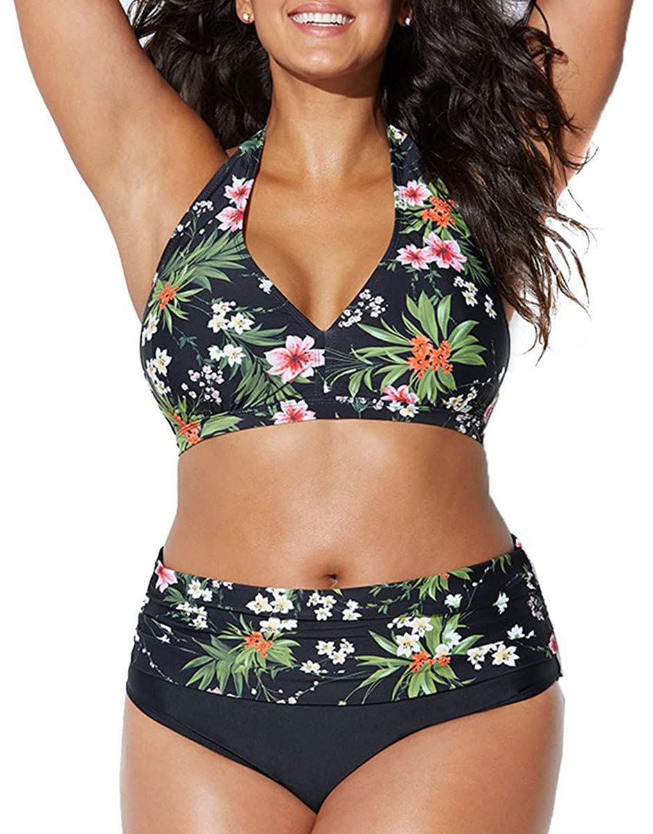 CheChury Mujeres Bañadores de Tallas Grandes Estampado Floral Cintura Alta Sexy Cabestro Traje de Baño Bikini Estampado Bohemio con Adores Relleno Tops y Braguitas, para natación y Playa