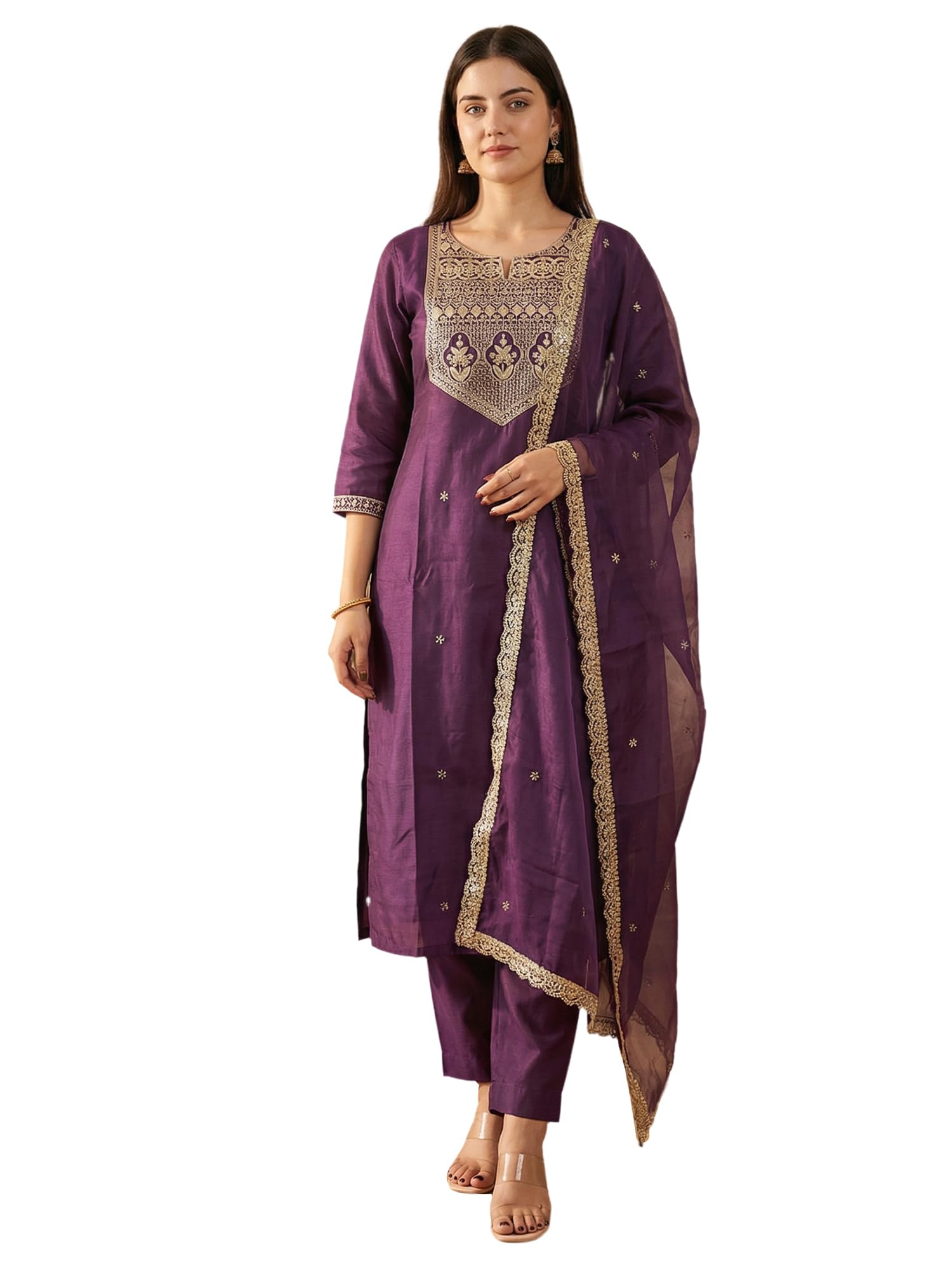 indo era Women's Cotton Solid Straight Kurta Palazzo With Dupatta Set-picture-52