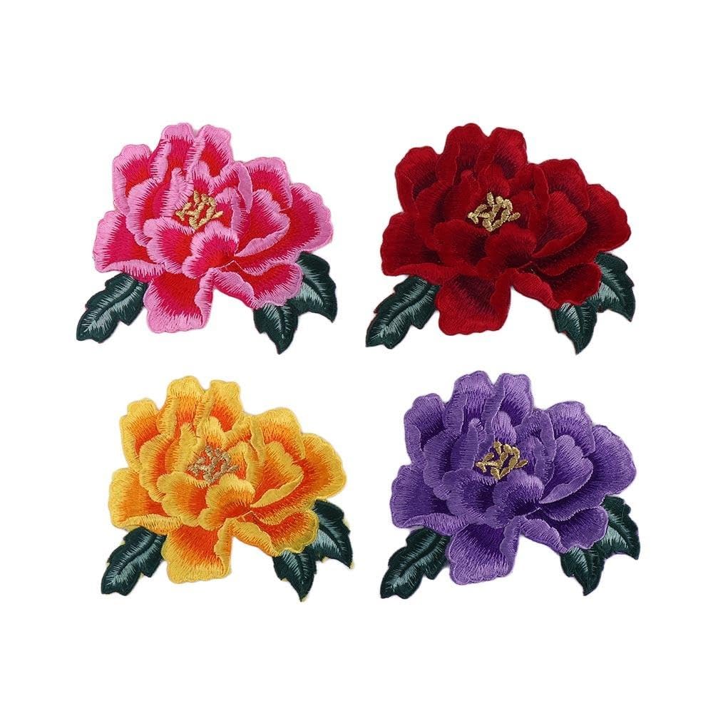 4Pcs Peony Floral Patches,Embroidered Iron On/Sew On Flower Appliques for DIY Clothing,T-Shirt,Jackets,Jeans,Backpacks,Hats,Arts Craft Sew Making