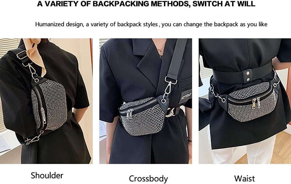 Sparkly Rhinestone Fanny Pack Belt Bags Crossbody Bag Waist Pouch Crossbody Purse Rhinestone for Women Club Party Beach Travel (Black) - Image 3