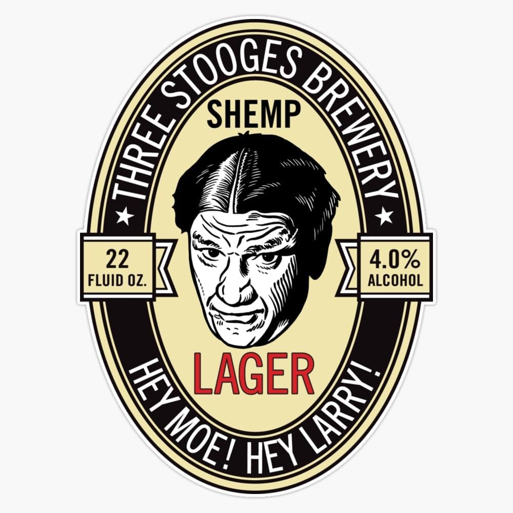 Three Stooges Brewery Shemp Lager Beer Label Window Bumper Sticker Decal 5"