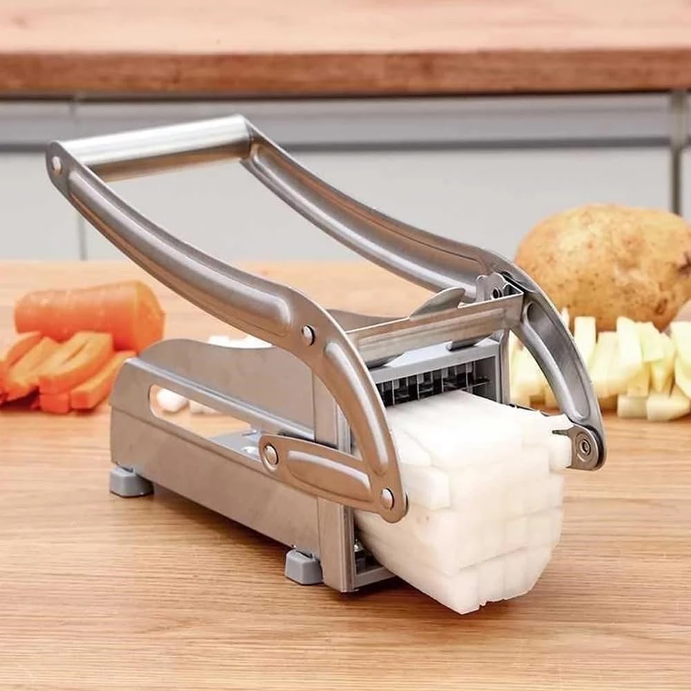 Frietsnijder met 4 messen van roestvrij staal, 4-in-1 friet snijder, handmatige groentesnijder, frituurmachine, frituurmachine, snel snijden, friet, fruit, aardappelen, uien (grijs