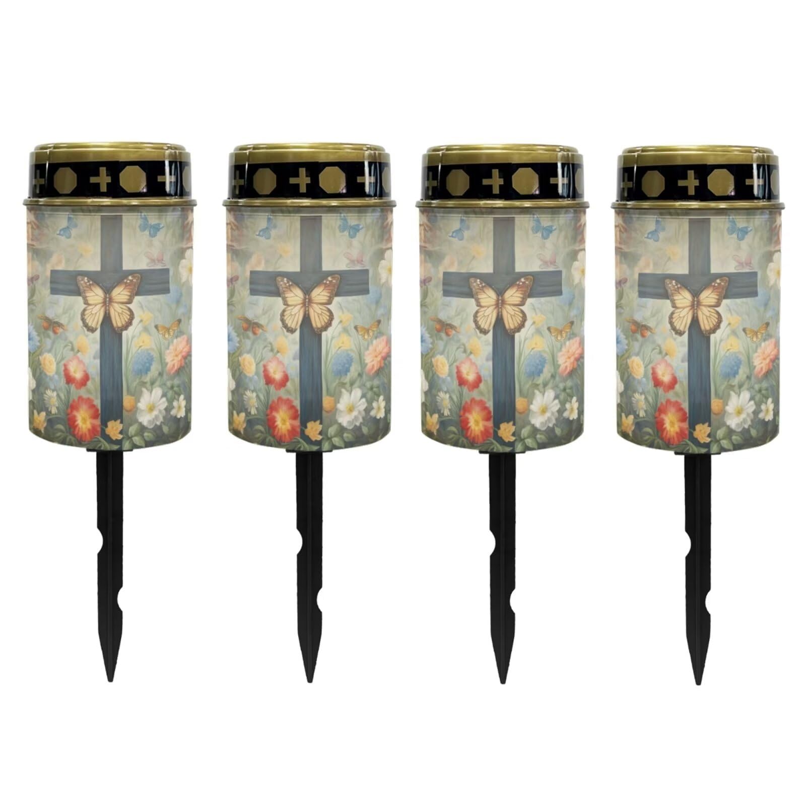 Poceacles Cross Solar Lights Outdoor for Cemetery Grave Solar Lights Outdoor Waterproof Decorative Flameless Candle for Cemetery Garden Backyard Outdoor Decor, Butterfly Cross Floral Green, Pack of 4