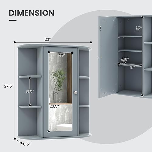 Miniatura 3 de Tangkula Botiquín de baño, armario de baño montado en la pared con puerta de espejo y estantes, armario de espejo de pared colgante de madera para