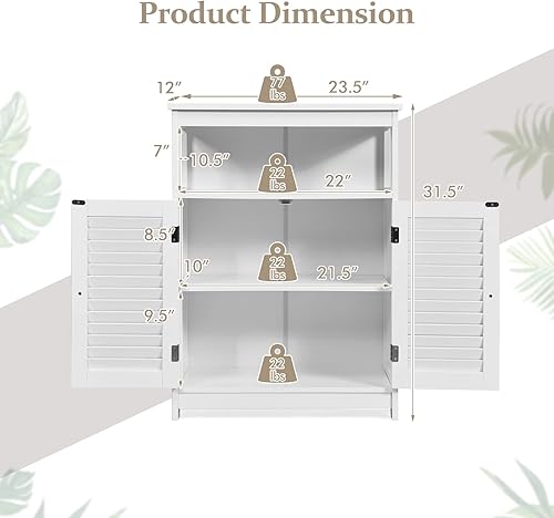 Miniatura 8 de COSTWAY Armario de almacenamiento de baño, organizador de almacenamiento lateral de madera con puertas de listones y estante extraíble, armario de
