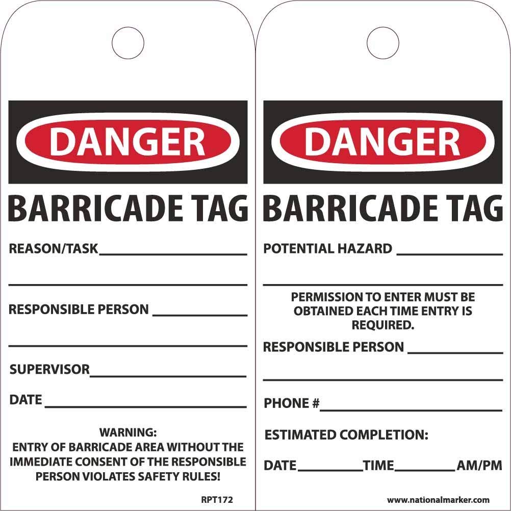 NMC RPT172ST100 DANGER - BARRICADE TAG - [Box of 100] 3 in. x 6 in. Synthetic Paper 2 Sided Danger Tag with White/Black Text on Red/White Base